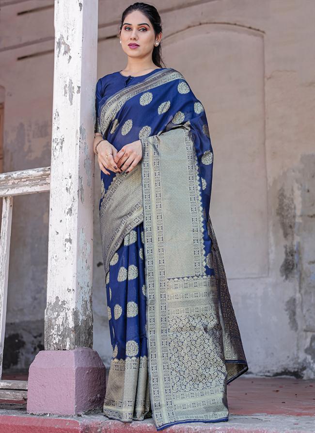 Chanderi Silk Royal Blue Festival Wear Weaving Saree